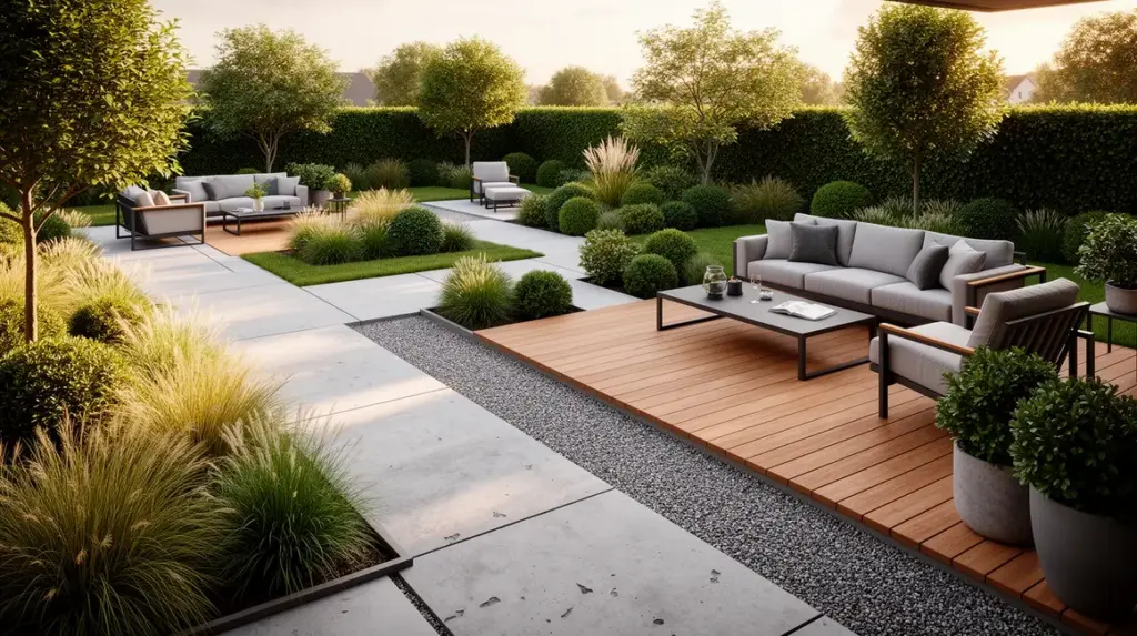 Vue jardin terrasse moderne aménagé