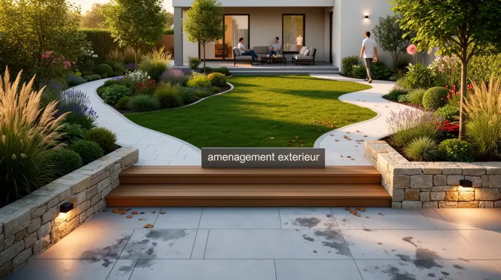 vue ensemble amenagement exterieur moderne maison jardin