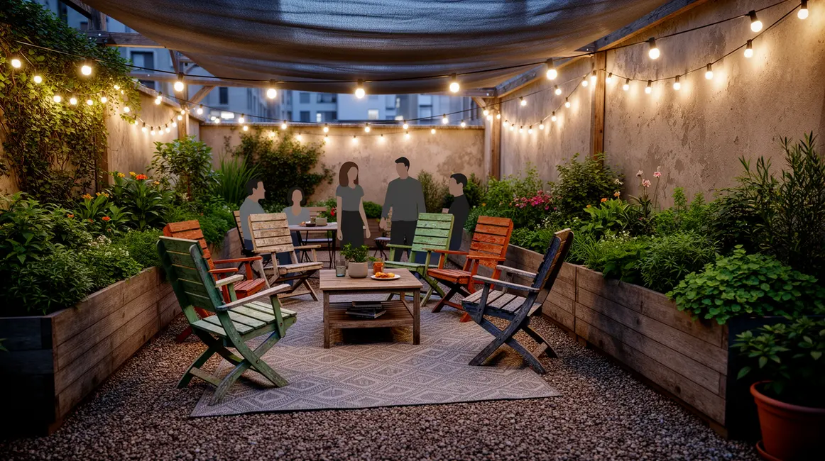 aménagement extérieur : priorités à vérifier en premier en petit budget 5 petit jardin terrasse mobilier récup ombrage guirlande LED