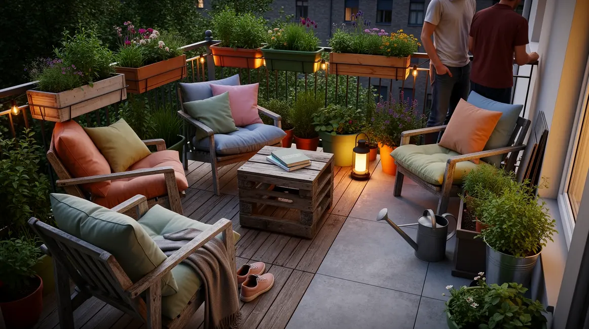 Vue d'ensemble aménagement extérieur jardin terrasse balcon