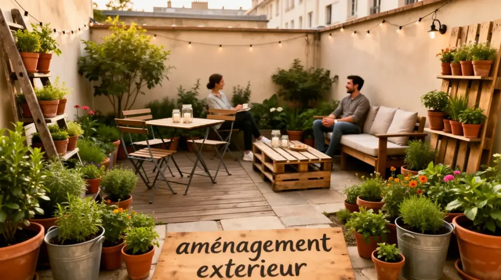 Vue aménagement extérieur petit budget jardin urbain