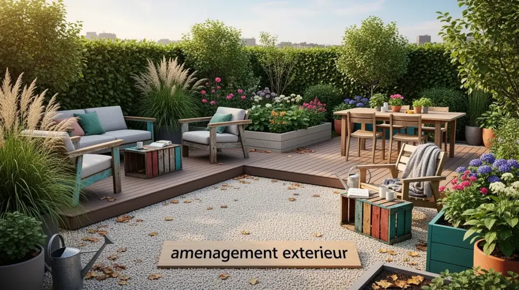 Petit jardin urbain optimise avec aménagement exterieur meubles recyclés gravier plantes terrasse