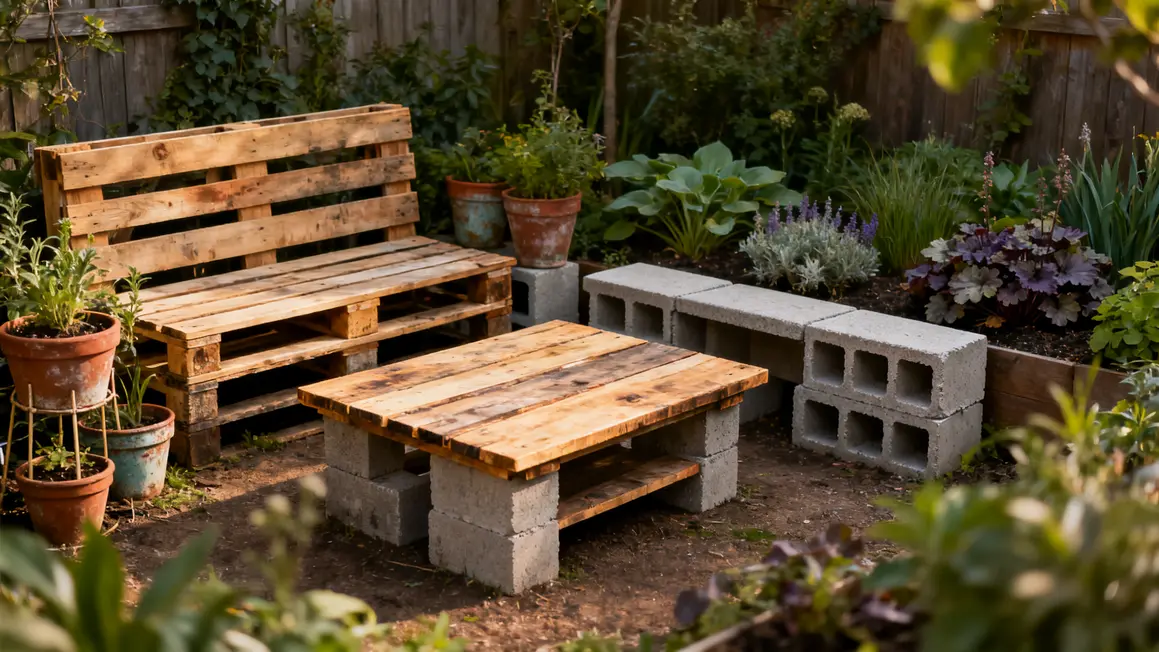 aménagement extérieur : checklist avant de se lancer en petit budget 2 coin jardin diy avec banc palette, table planches, parpaings, vivaces divisées