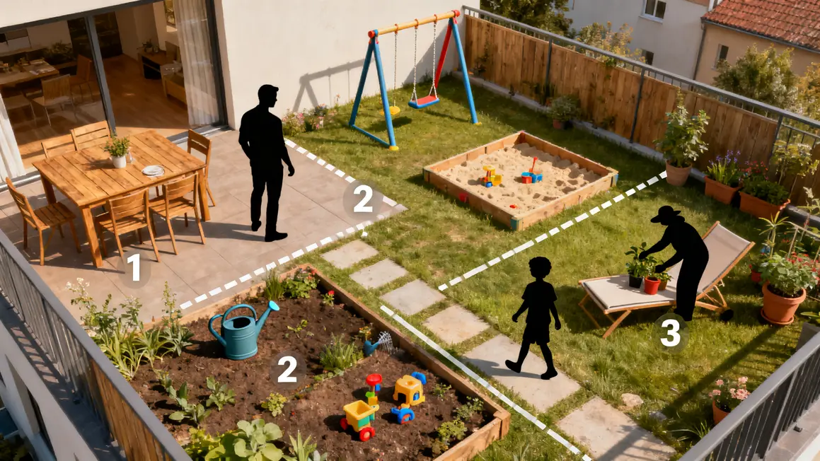 aménagement extérieur : questions à se poser avant d’agir 2 terrasse familiale amenagement exterieur vue de dessus