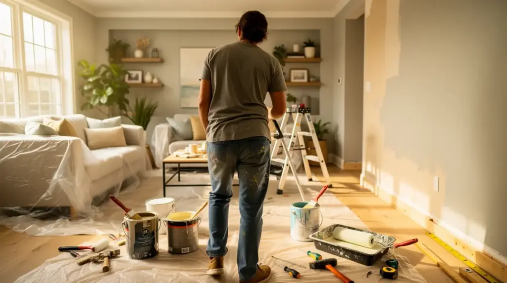 Bricolage maison budget dans pièce lumineuse, outils, peinture et meubles