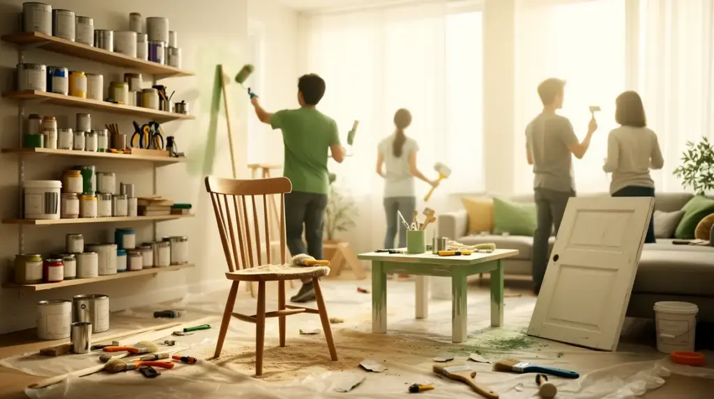 Espace de bricolage maison avec peinture, étagère et outils