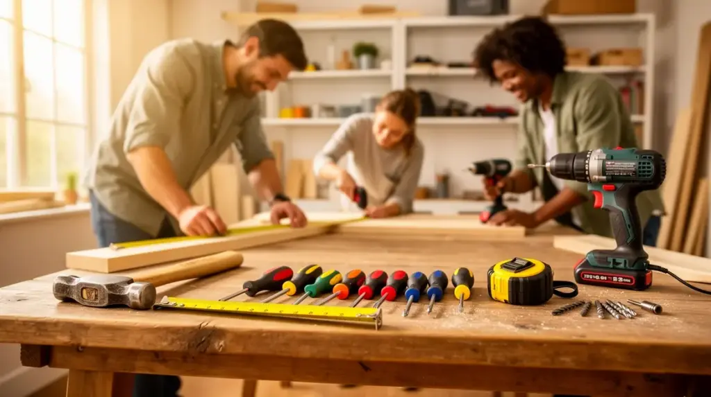 Outils de bricolage maison sur table interieur lumineux