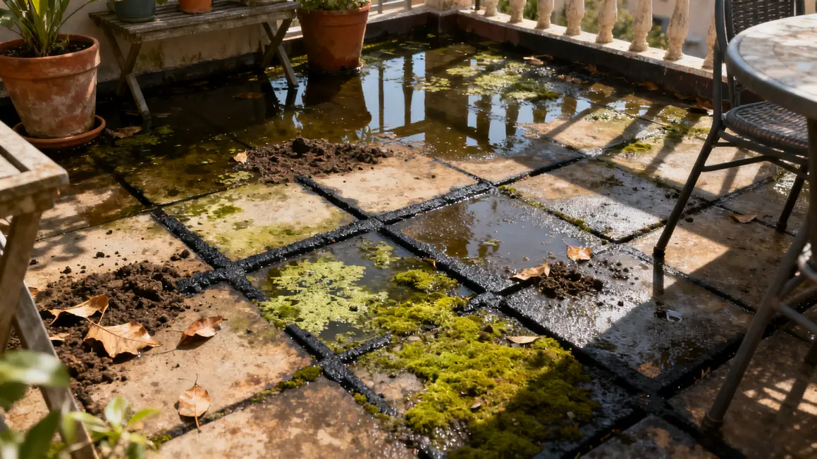 Terrasse noircie humidité ombre mousses algues