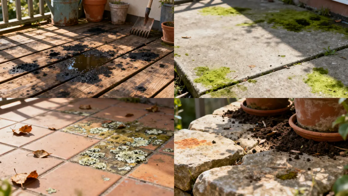 Montage causes terrasse noircie echantillons bois beton carrelage pierre