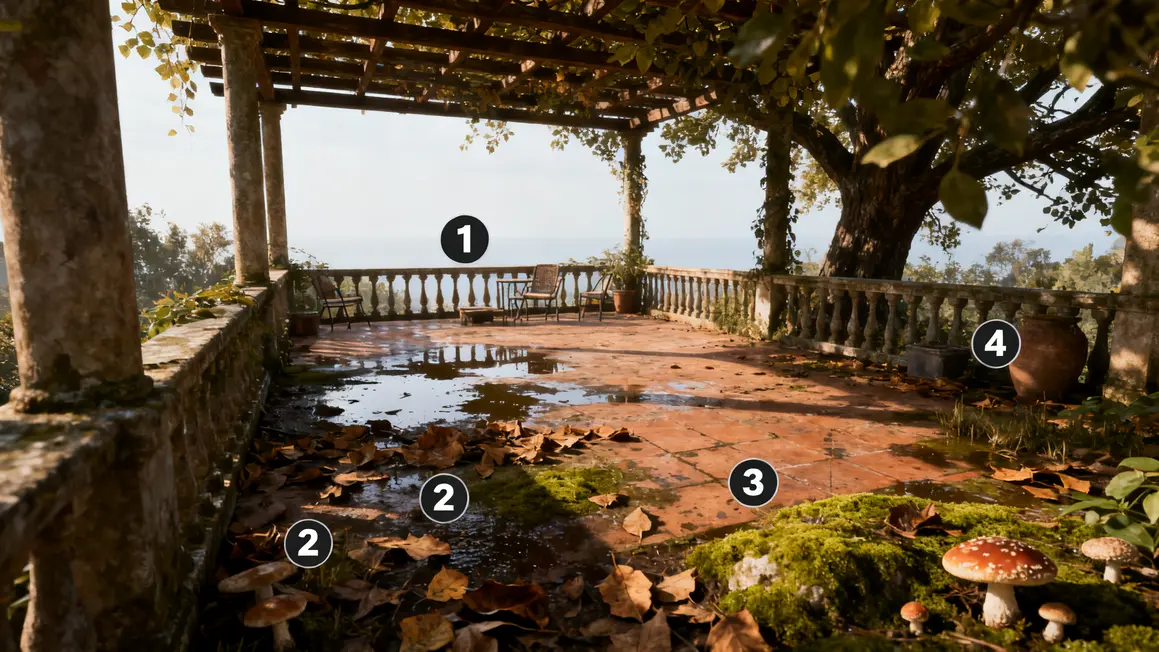 causes terrasse noircie humidite salete ombre mousse symboles