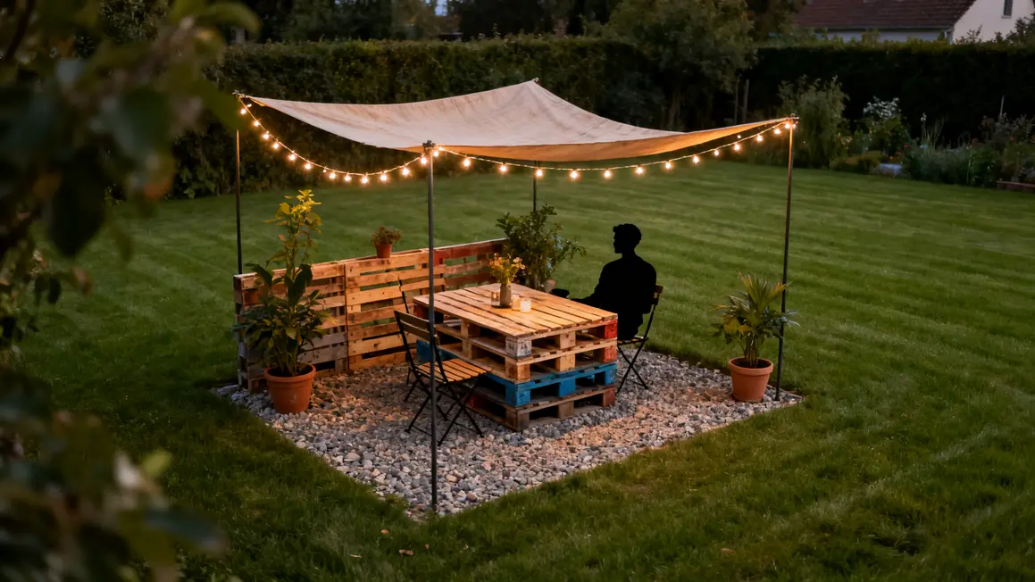 aménagement extérieur : guide débutant sans jargon en petit budget 3 Espace repas extérieur palette récup ombre guirlande
