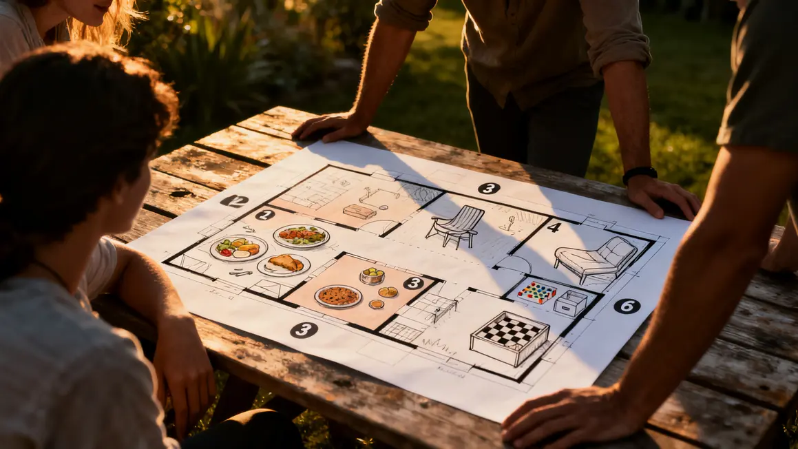 Bien choisir aménagement extérieur : méthode simple et fiable 2 Personnes planifient zones repas détente jeux extérieur