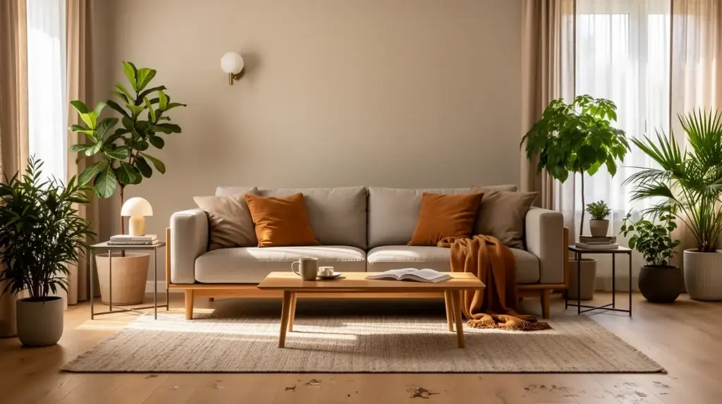 Salon contemporain decoration harmonieuse couleurs neutres mobilier design