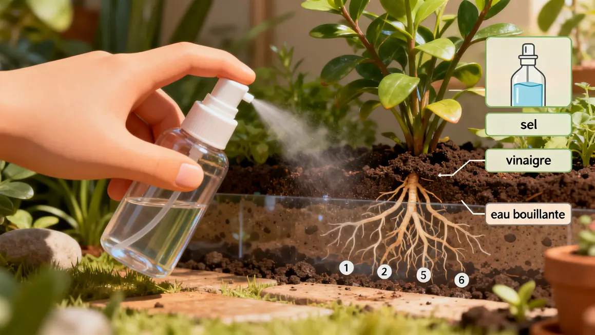 désherbant naturel : questions à se poser avant d’agir en petit budget 2 Main vaporisateur avec panneaux sel vinaigre eau bouillante sur plantes et racines