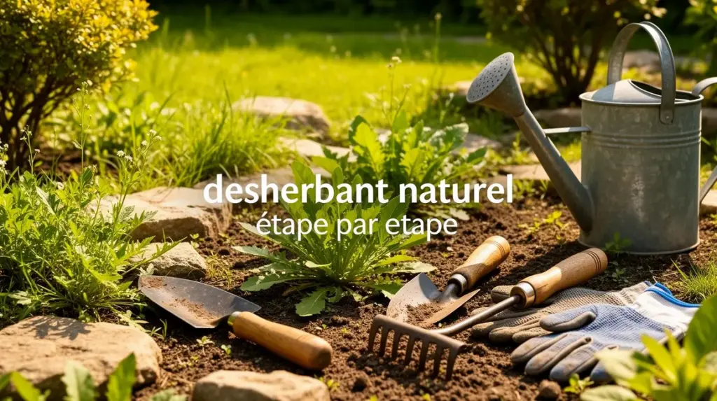 jardin naturel avec desherbant et outils