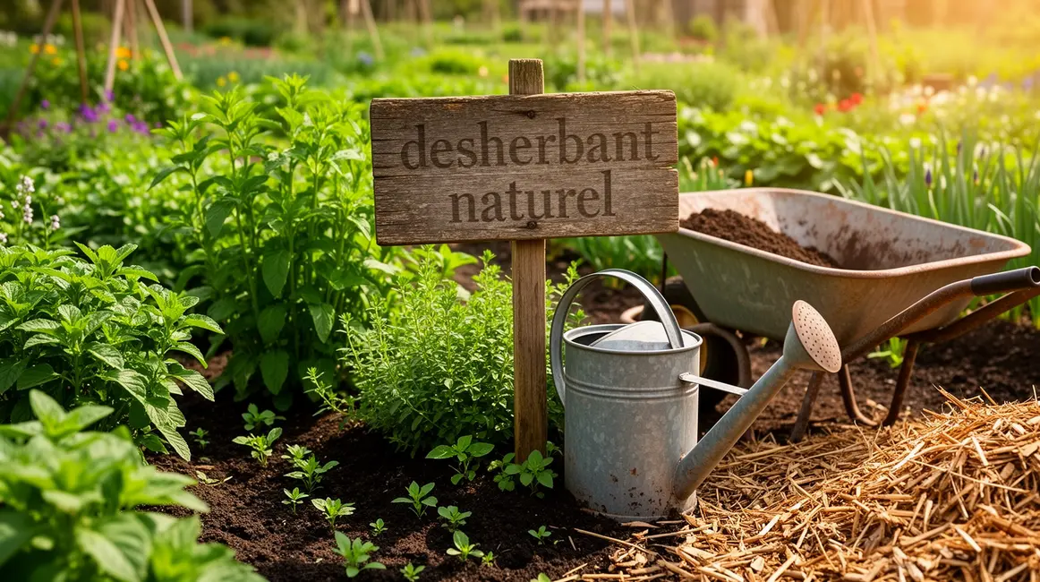 désherbant naturel : questions à se poser avant d’agir en petit budget 24 Jardin luxuriant avec outils eco responsables et panneau desherbant naturel