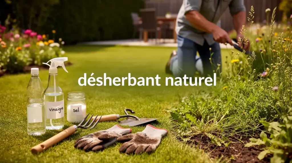 Jardin avec desherbant naturel, mauvaises herbes et outils