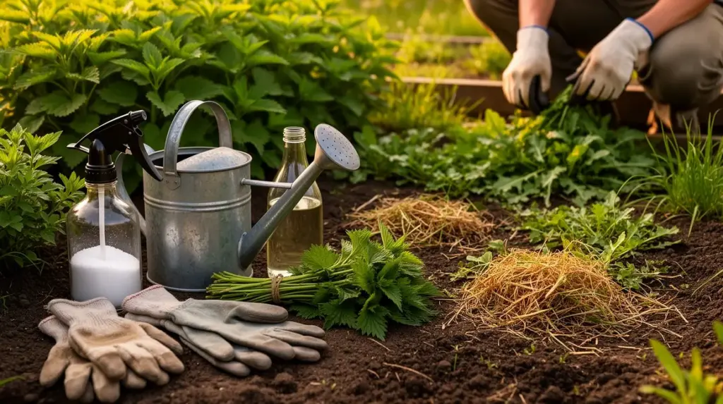 vue jardin avec desherbant naturel et outils