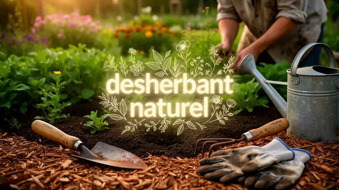 Jardin avec paillage et desherbant naturel illustré
