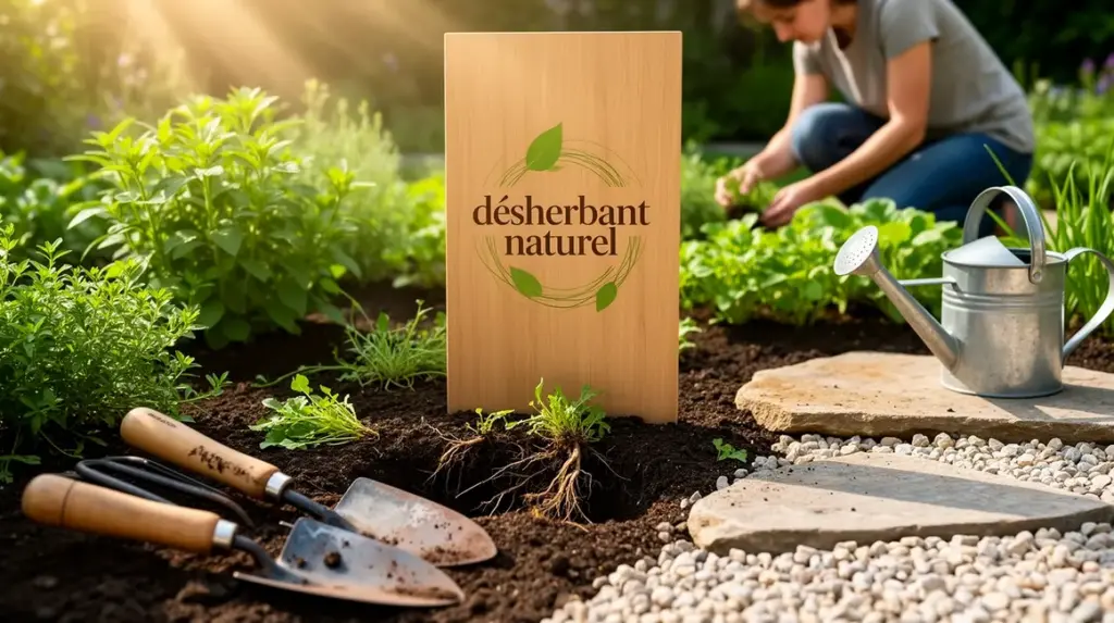 Vue jardin photorealiste avec zone minerale et outils desherbant naturel