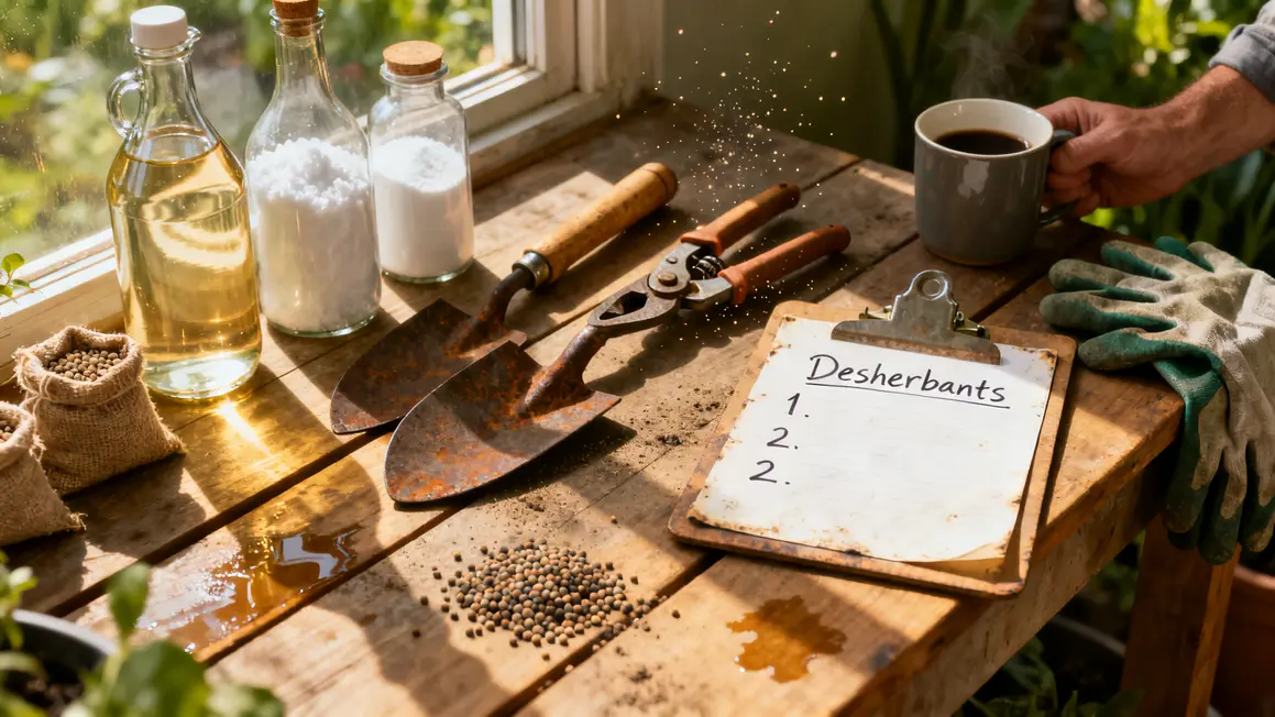 désherbant naturel : avantages, limites et alternatives en petit budget 2 ingredients vinaigre sel bicarbonate outils pour desherbant naturel