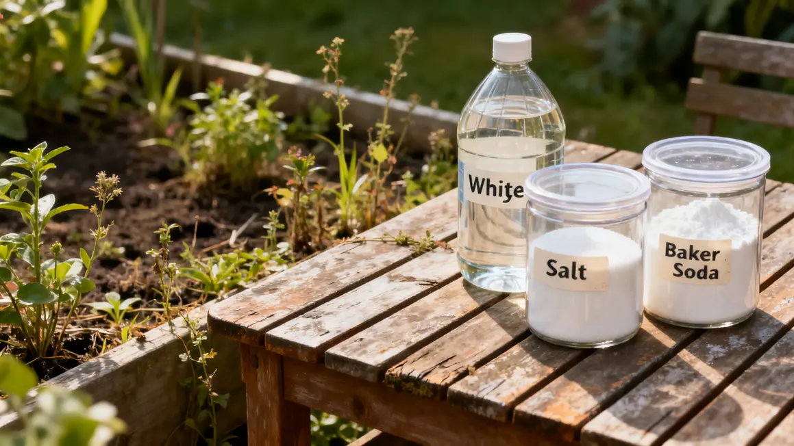 Comment réussir désherbant naturel étape par étape 2 receptacles vinaigre sel bicarbonate sur table de jardin