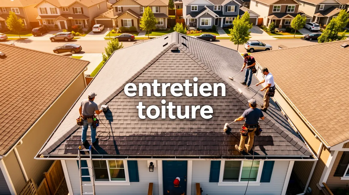 entretien toiture : guide pratique pour bien commencer 7 Toit incliné entretenu, gouttières propres, soleil, personnages