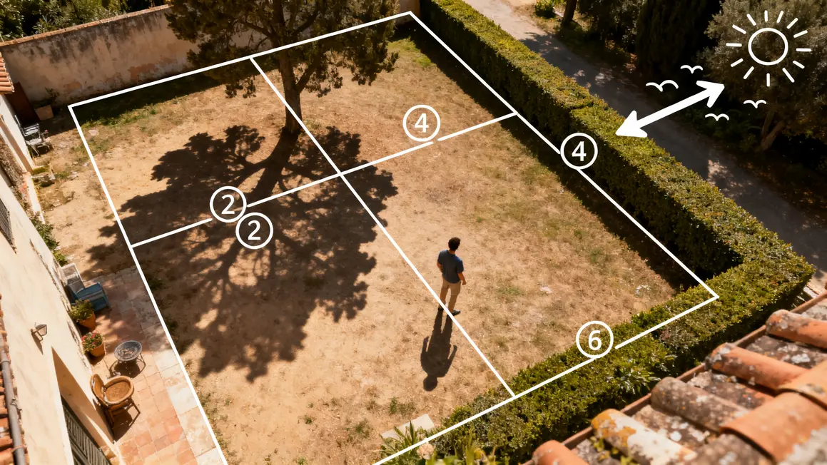 aménagement extérieur : guide débutant sans jargon 2 Plan dessus amenagement exterieur zones arbustes murs soleil vent