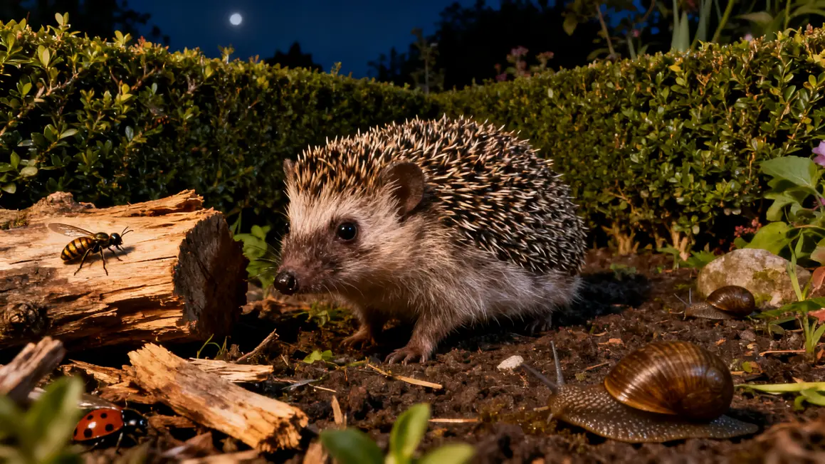 hérisson au jardin en 2026 : points clés à connaître 2 herisson au jardin en 2026, haies, bois mort, limaces, scene de nuit