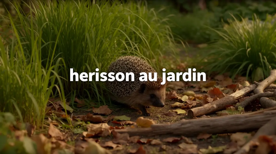 Herisson visible dans jardin vert avec herbes hautes et tas de feuilles