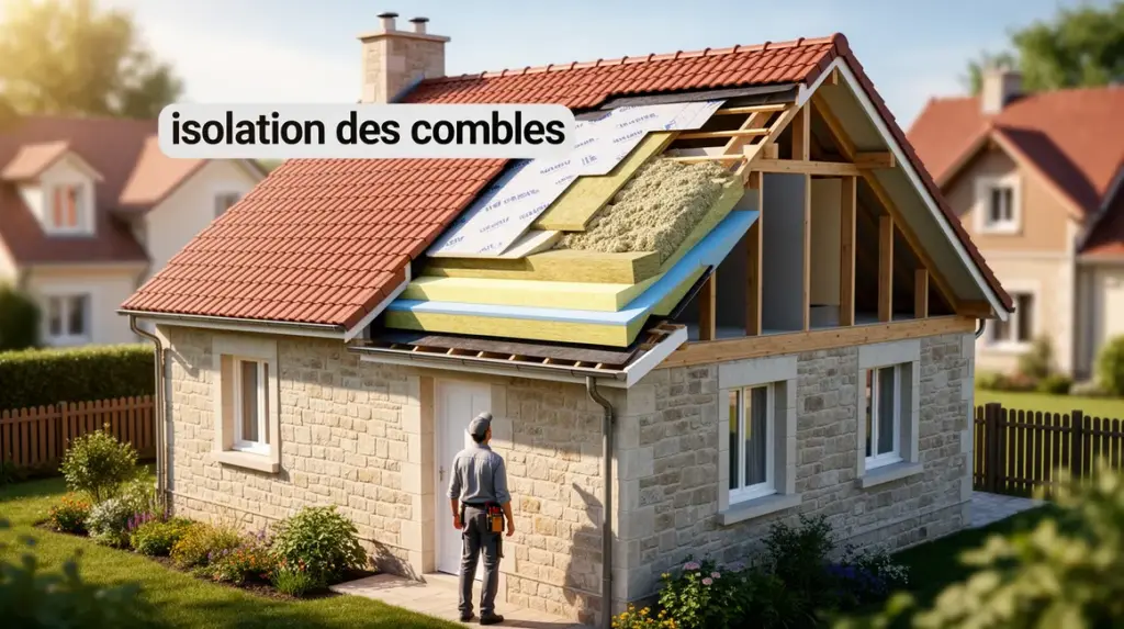 Vue coupe isolation combles, isolants superposes, maison