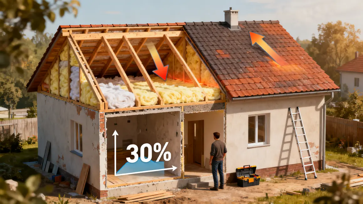 Maison coupe combles isolés et pertes de chaleur