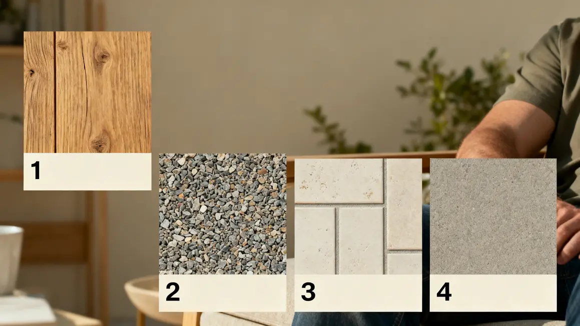 aménagement extérieur : guide débutant sans jargon 3 Materiaux exterieur amenagement bois gravier dalles composite tableau echantillons