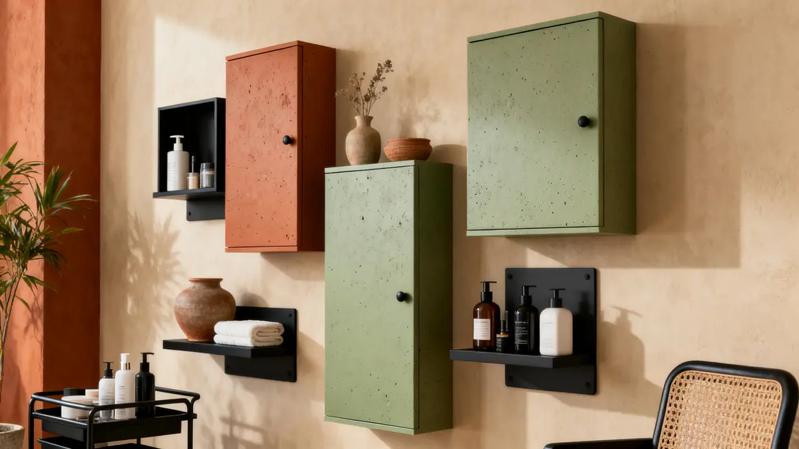 meuble mélaminé en 2026 : points clés à connaître 3 salon 2026 meubles melamine mat terracotta vert beige metal