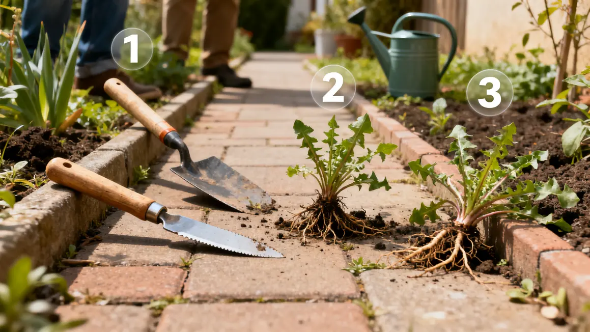 Bien choisir désherbant naturel : méthode simple et fiable 3 Outils desherbage naturel allee pavee mauvaises herbes