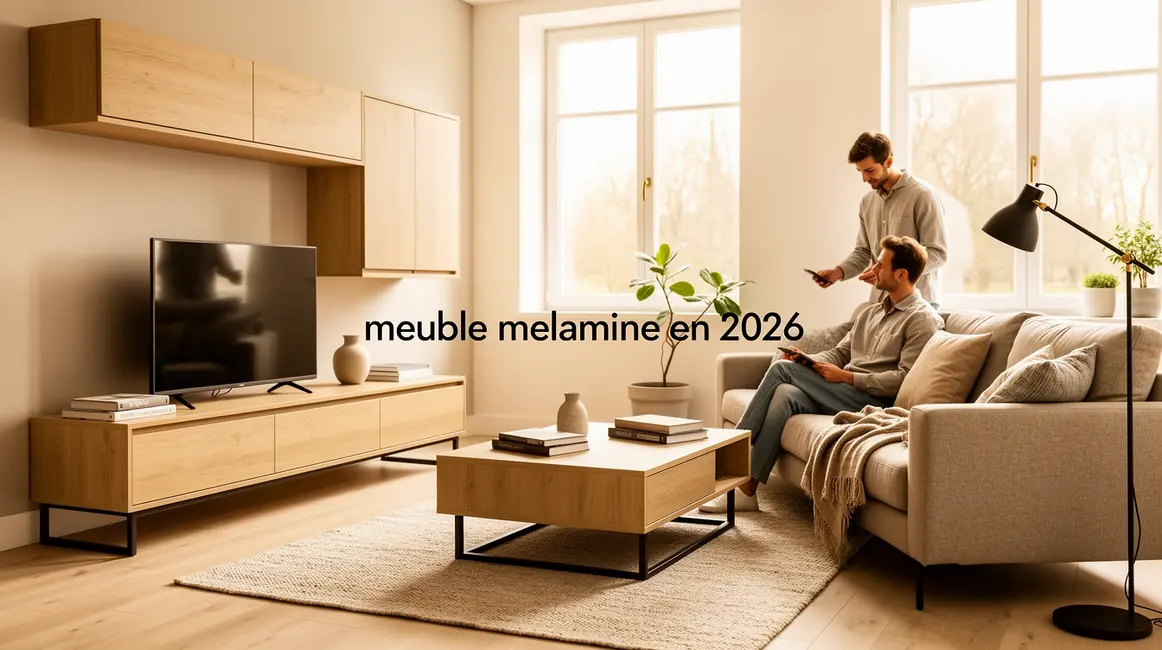 salon moderne meubles melaminé finition mate tendance 2026