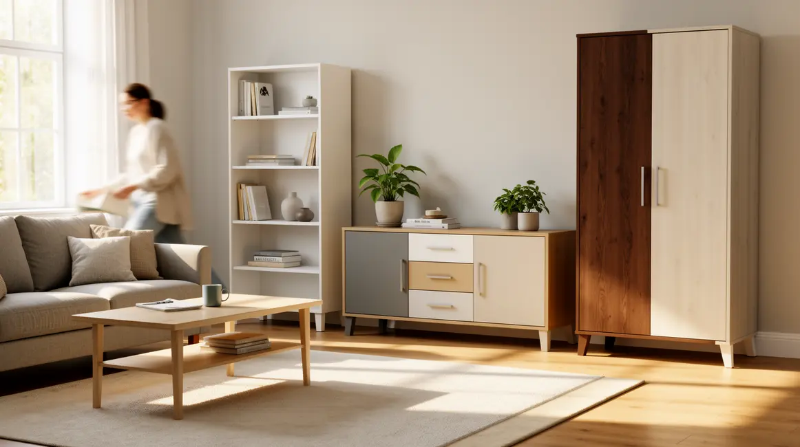 Meuble mélaminé dans salon moderne lumineux, finitions variées