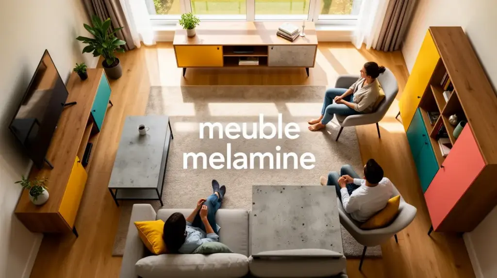 Salon moderne avec meubles mélaminé bois béton couleurs