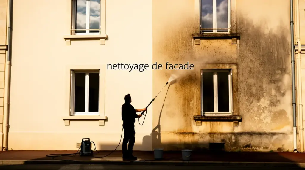 Nettoyage de facade avec outils et resultat visible