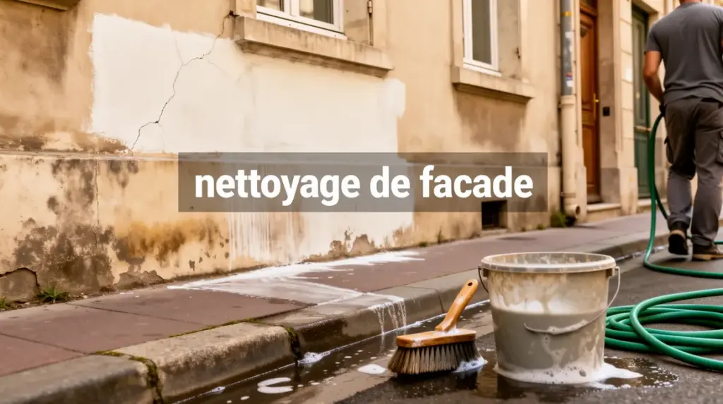 Maison facade sale nettoyage seau brosse tuyau