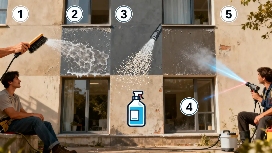 nettoyage de façade : comparatif des options possibles 3 illustration methodes nettoyage facade brosse eau granulats chimie laser