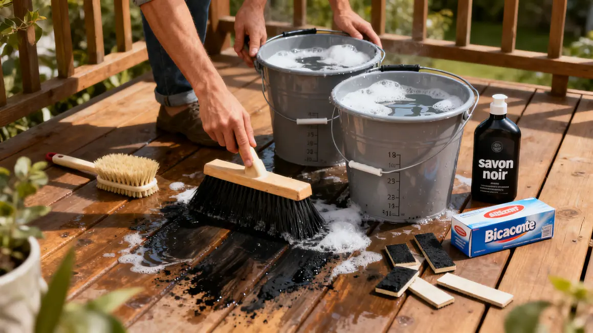 nettoyage terrasse bois noircie avec balai brosse savon noir