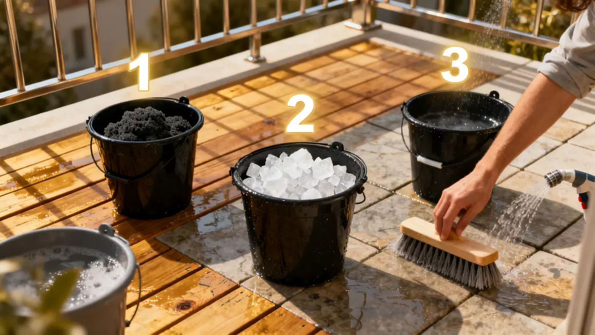 terrasse noircie : conseils concrets pour éviter les pièges 3 seaux brosse savon terrasse nettoyage