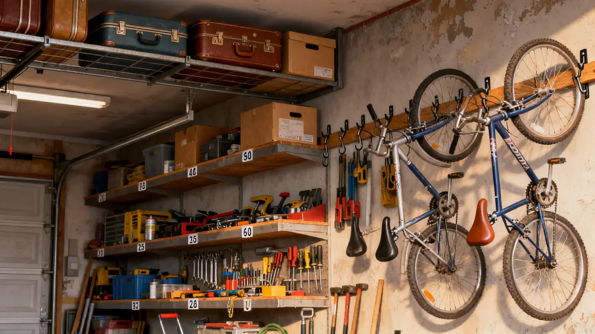rangement garage : erreurs fréquentes à éviter en petit budget 3 Étagères et crochets muraux dans un garage avec racks au plafond