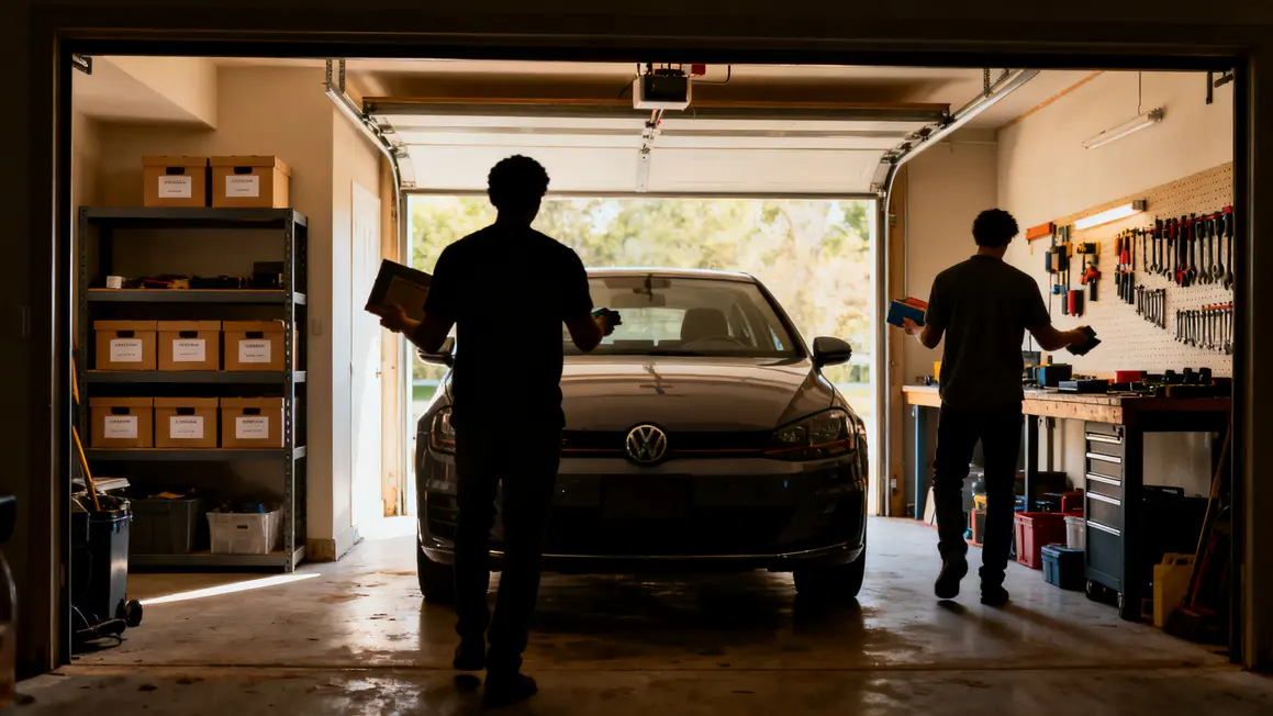 rangement garage : guide débutant sans jargon en petit budget 2 Trois zones garage organisées, silhouette, tri efficace