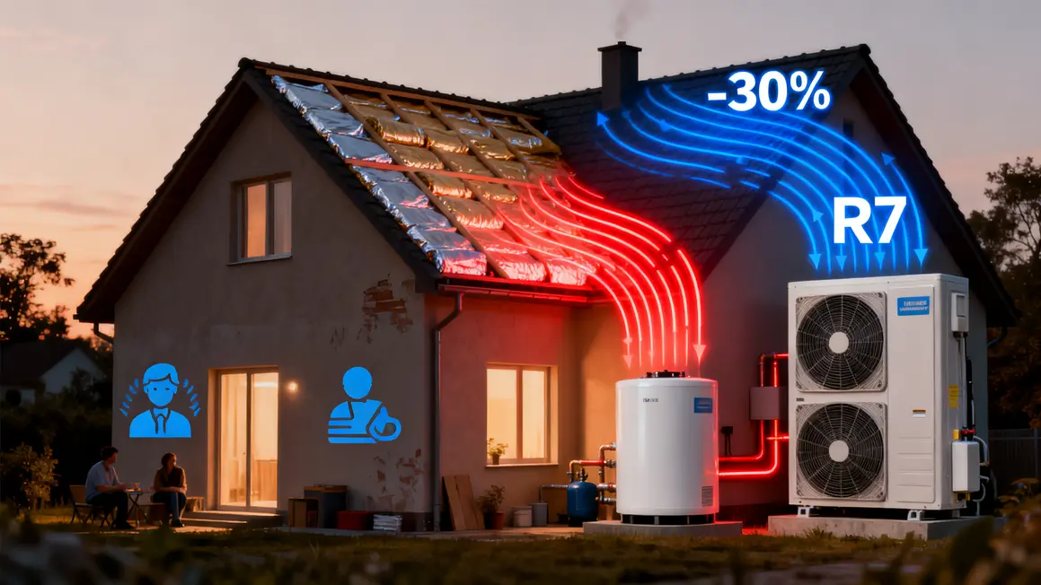 isolation des combles en 2026 : points clés à connaître 2 Vue maison flux thermiques isolation des combles 2026 -30% R7