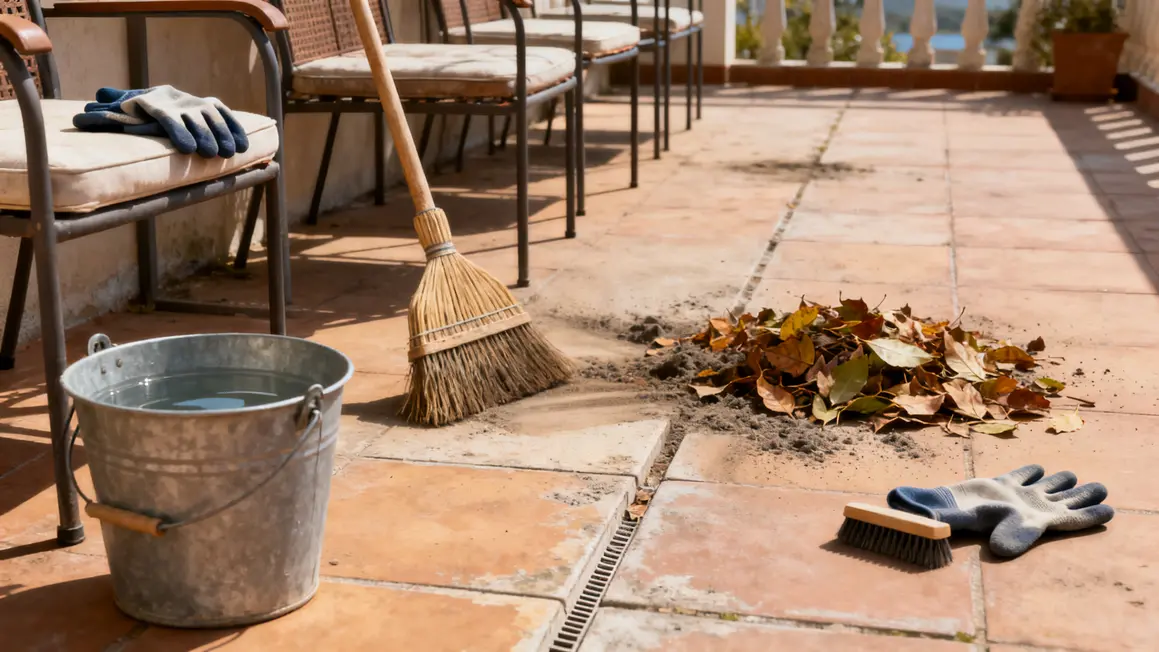 terrasse noircie : bonnes pratiques pour un résultat durable 3 preparation nettoyage terrasse noircie outils visibles