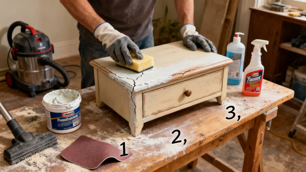 Comment réussir peinture meuble étape par étape 3 preparation surface meuble nettoyage poncage enduit