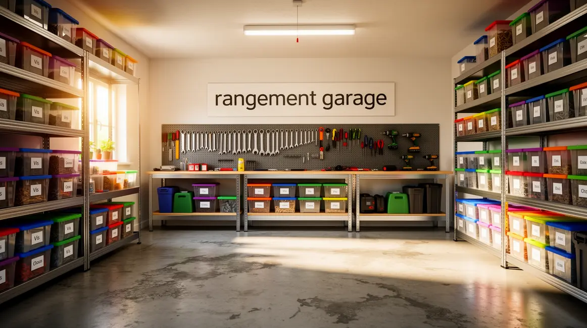rangement garage : erreurs fréquentes à éviter en petit budget 13 Garage organisé et lumineux avec étagères et bacs empilables