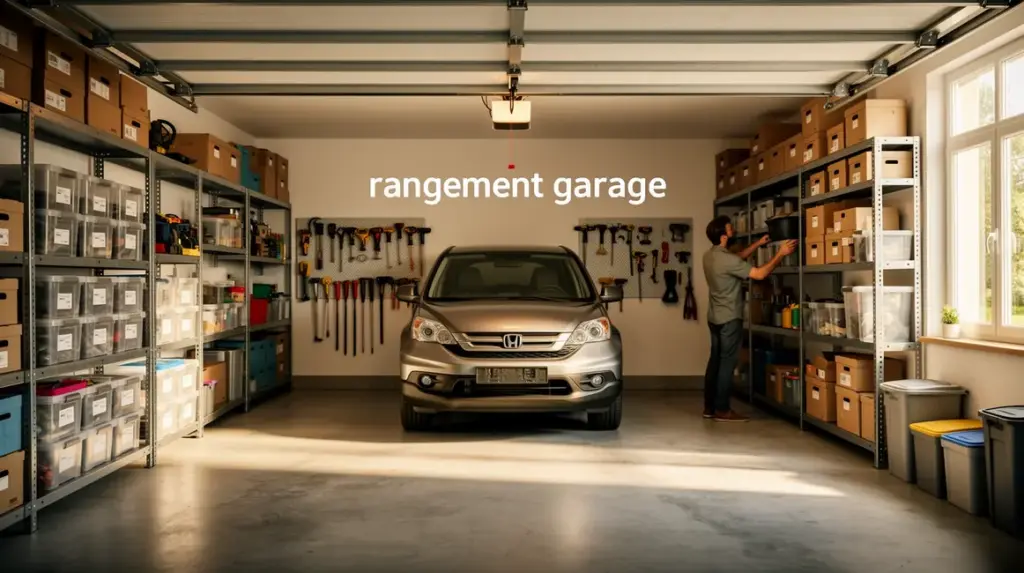 Garage organisé, étagères, outils, boîtes, voiture centrée